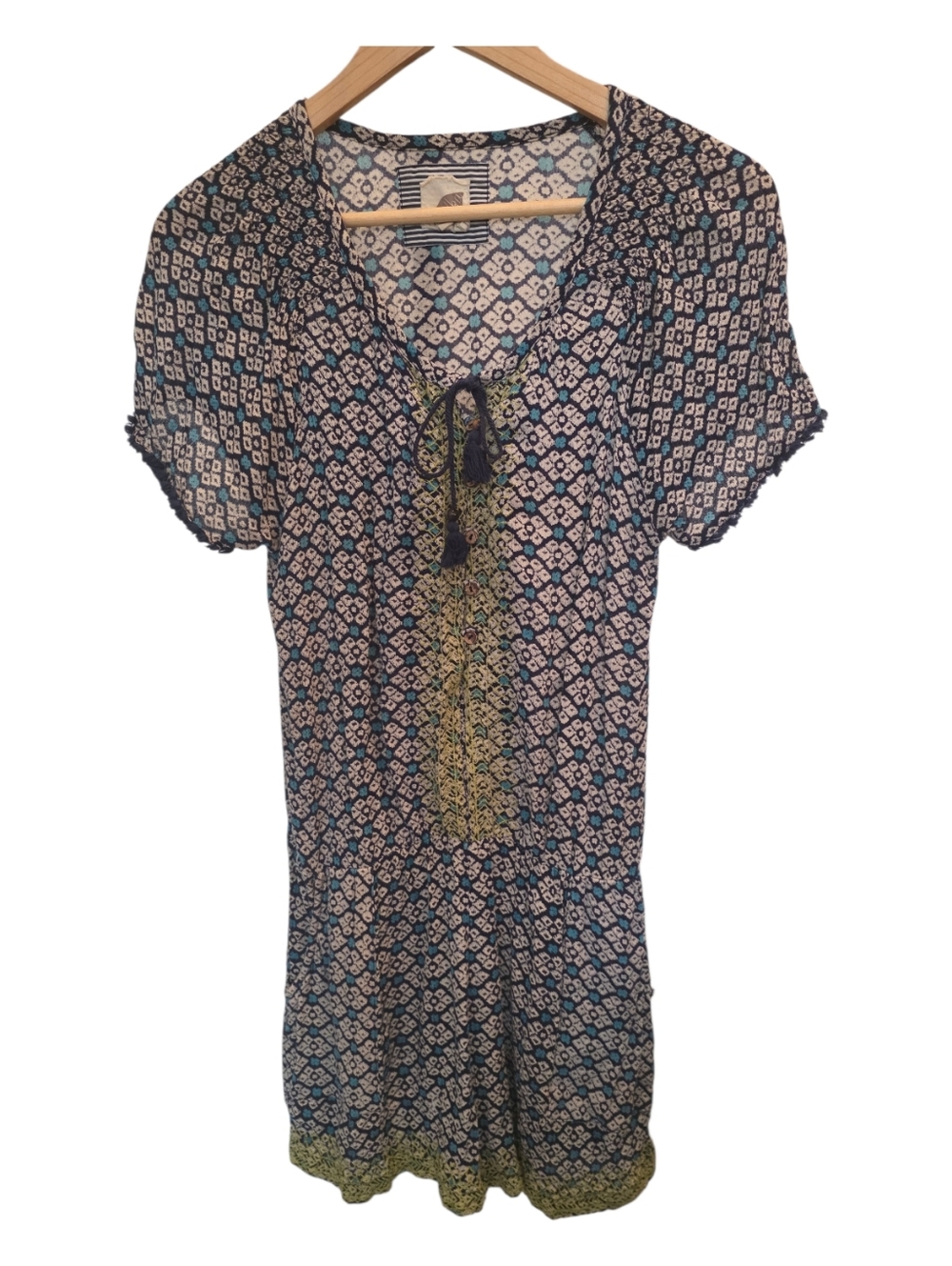 Anthropologie Sika by Phyllis Taylor Blue Cotton Geometric Romper Tassel Med